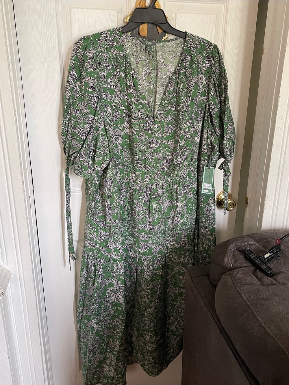 Terra & Sky Green Printed Tie-Sleeve Midi Dress